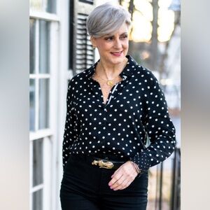 Chico's Black and White Polka Dot Ling Sleeve Button Up Collared Blouse - size L